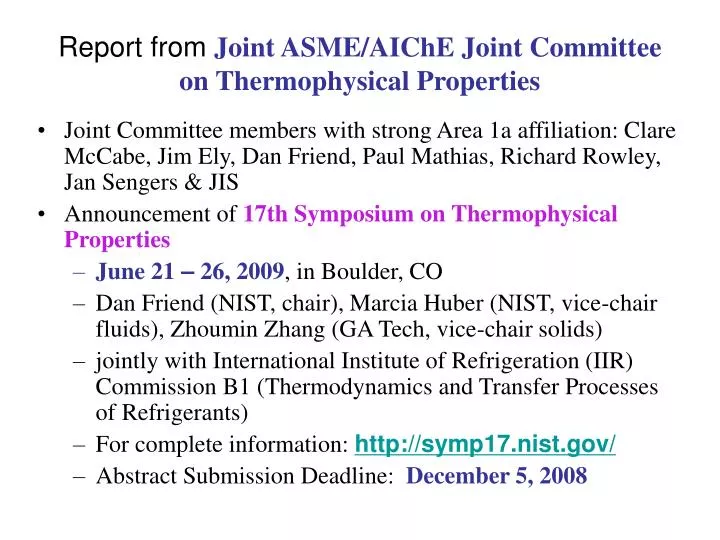 report from joint asme aiche joint committee on thermophysical properties