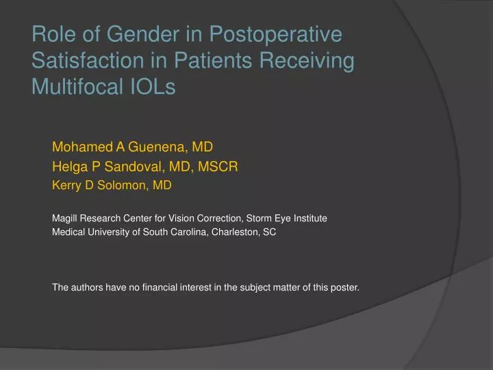 role of gender in postoperative satisfaction in patients receiving multifocal iols
