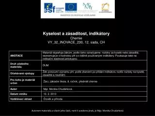 Kyselost a zásaditost, indikátory Chemie VY_32_INOVACE_230 , 12. sada, CH