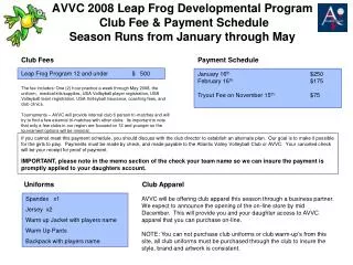 Leap Frog Program 12 and under	 $ 500