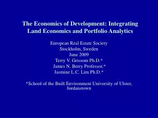 The Economics of Development: Integrating Land Economics and Portfolio Analytics