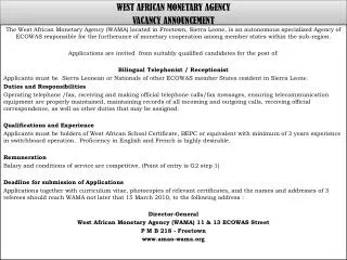 WEST AFRICAN MONETARY AGENCY VACANCY ANNOUNCEMENT