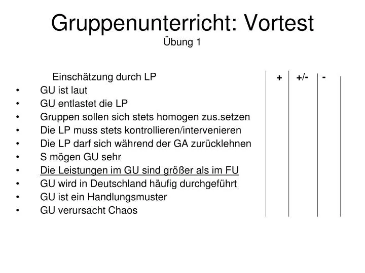 gruppenunterricht vortest bung 1