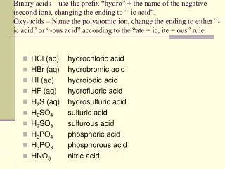 HCl (aq)	hydrochloric acid HBr (aq)	hydrobromic acid HI (aq)	hydroiodic acid