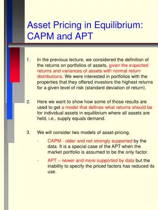 Asset Pricing in Equilibrium: CAPM and APT