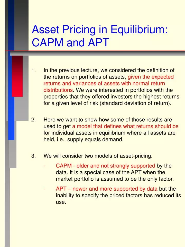 asset pricing in equilibrium capm and apt