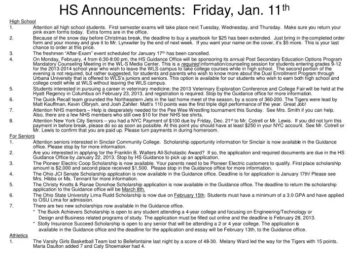 hs announcements friday jan 11 th