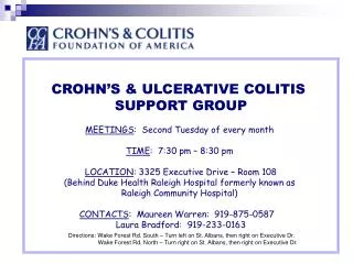 CROHN’S &amp; ULCERATIVE COLITIS SUPPORT GROUP MEETINGS : Second Tuesday of every month