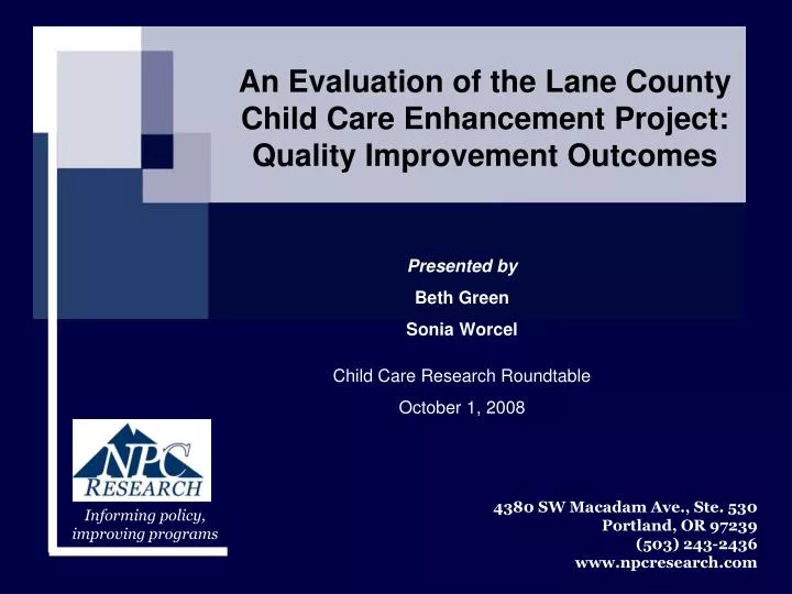 an evaluation of the lane county child care enhancement project quality improvement outcomes
