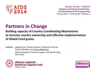 Abstract Number: THAE0103 Stepping up National Coordination and Ownership of HIV Programming