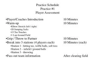 Practice Schedule Practice #1 Player Assessment