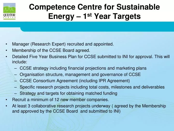 competence centre for sustainable energy 1 st year targets