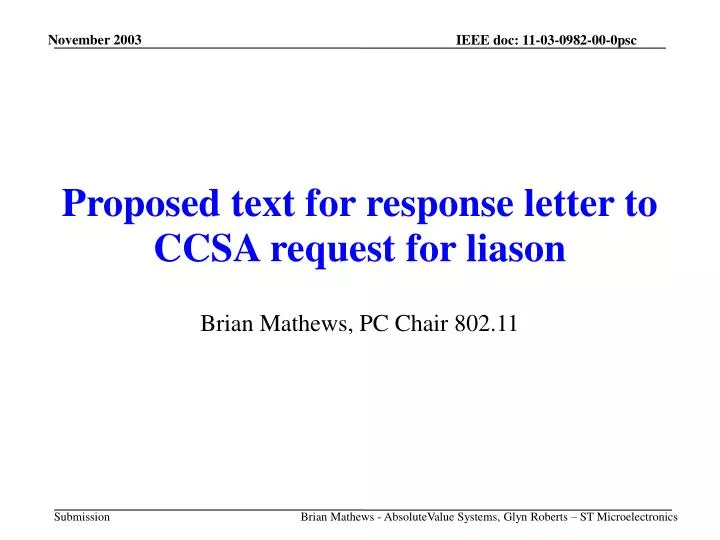 proposed text for response letter to ccsa request for liason