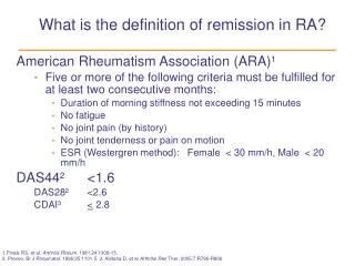 What is the definition of remission in RA?