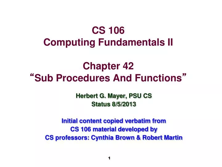 cs 106 computing fundamentals ii chapter 42 sub procedures and functions