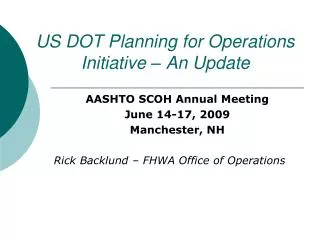 US DOT Planning for Operations Initiative – An Update