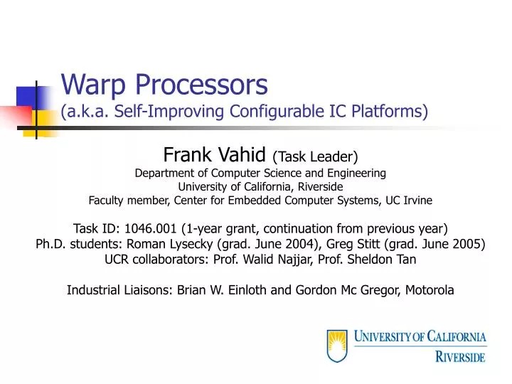 warp processors a k a self improving configurable ic platforms