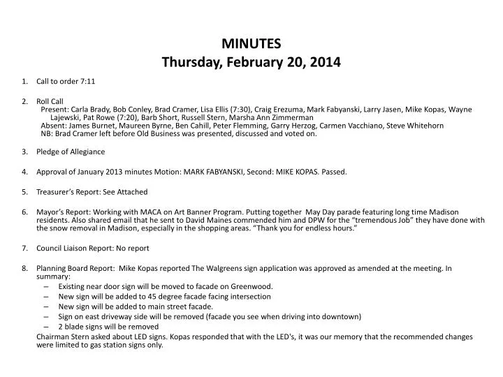 minutes thursday february 20 2014