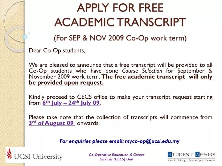 apply for free academic transcript for sep nov 2009 co op work term
