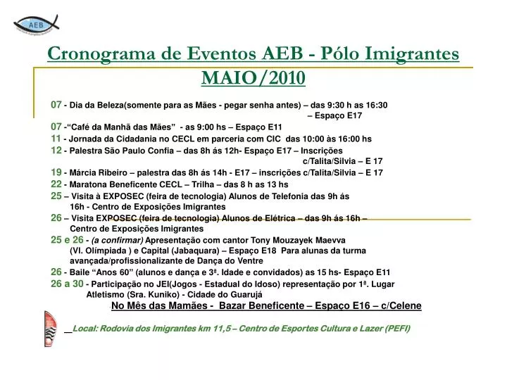 cronograma de eventos aeb p lo imigrantes maio 2010