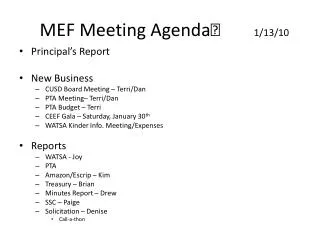 MEF Meeting Agenda	 1/13/10