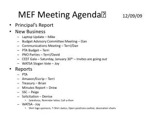 MEF Meeting Agenda	 12/09/09