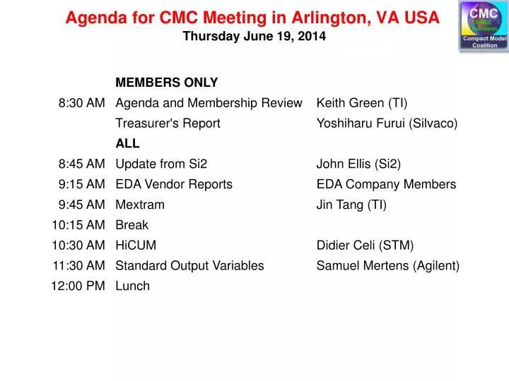 agenda for cmc meeting in arlington va usa