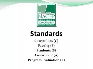 Standards Curriculum (C) Faculty (F) Students (S) Assessment (A) Program Evaluation (E)