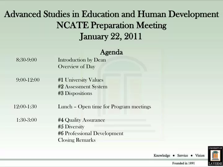 advanced studies in education and human development ncate preparation meeting january 22 2011