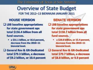 Overview of State Budget FOR THE 2012–13 BIENNIUM JANUARY 2011