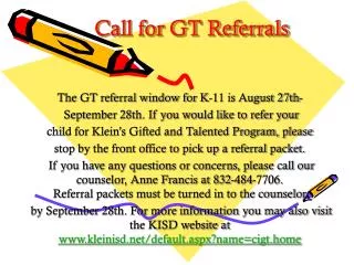 Call for GT Referrals