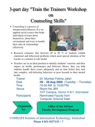 3-part day &quot;Train the Trainers Workshop on Counseling Skills&quot;
