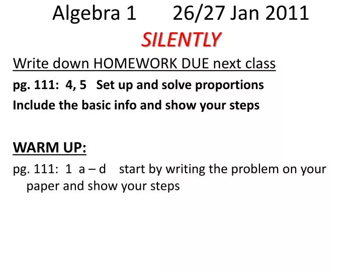 algebra 1 26 27 jan 2011 silently