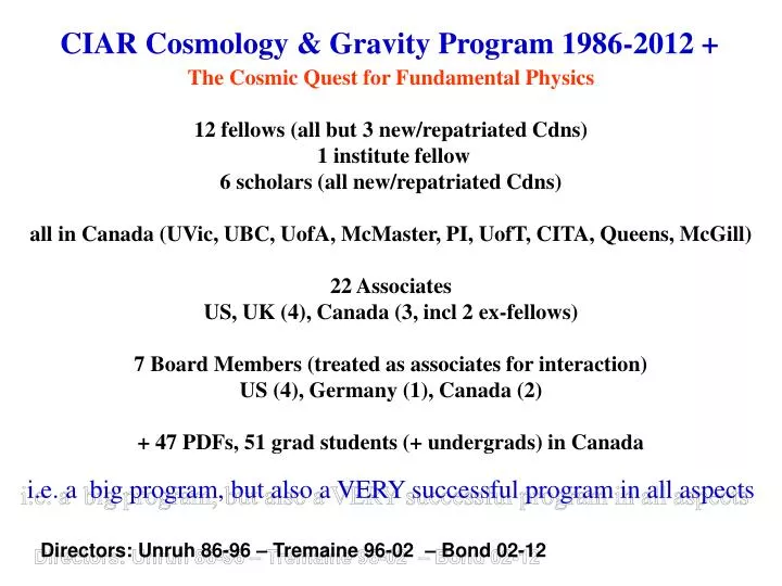 ciar cosmology gravity program 1986 2012
