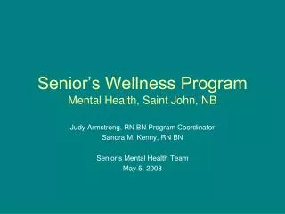Senior’s Wellness Program Mental Health, Saint John, NB