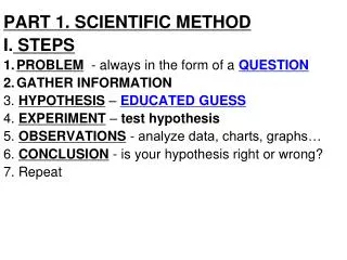 PART 1. SCIENTIFIC METHOD I. STEPS PROBLEM - always in the form of a QUESTION