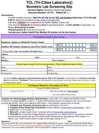 TCL (Tri-Cities Laboratory) Biometric Lab Screening Slip Account Name: Biometric Screening Kadlec