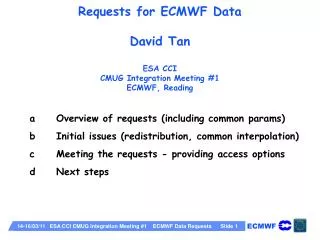 Requests for ECMWF Data David Tan ESA CCI CMUG Integration Meeting #1 ECMWF, Reading