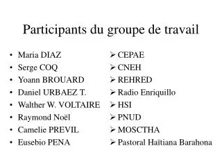 participants du groupe de travail