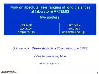 work on absolute laser ranging of long distances at laboratoire ARTEMIS two posters: