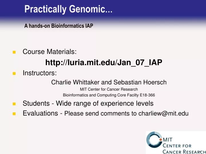 practically genomic a hands on bioinformatics iap