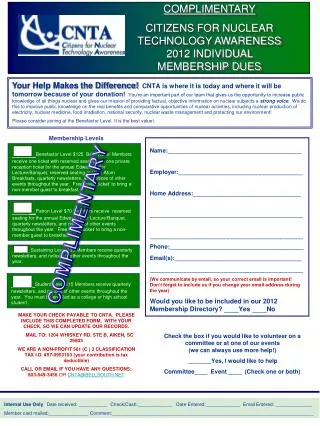 COMPLIMENTARY CITIZENS FOR NUCLEAR TECHNOLOGY AWARENESS 2012 INDIVIDUAL MEMBERSHIP DUES
