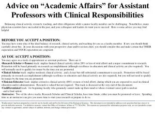 Advice on “Academic Affairs” for Assistant Professors with Clinical Responsibilities