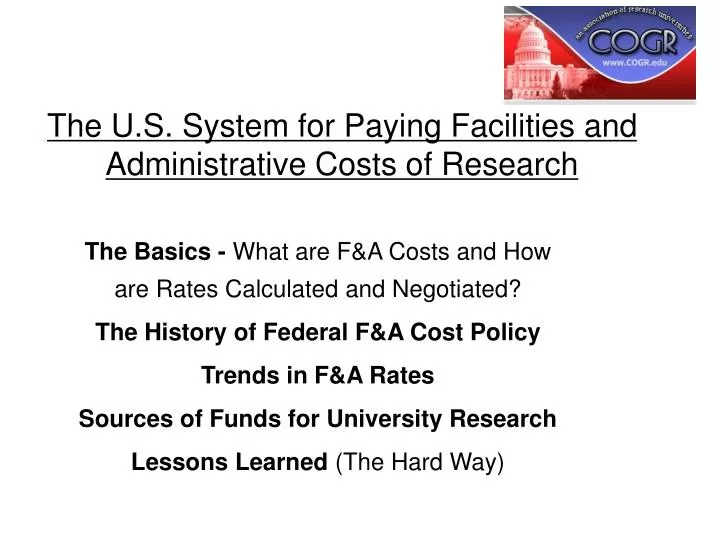 the u s system for paying facilities and administrative costs of research