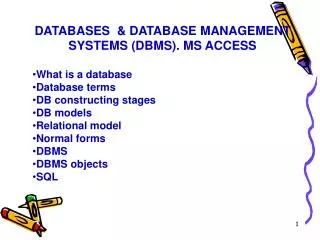 DATABASES &amp; DATABASE MANAGEMENT SYSTEMS (DBMS). MS ACCESS What is a database Database terms