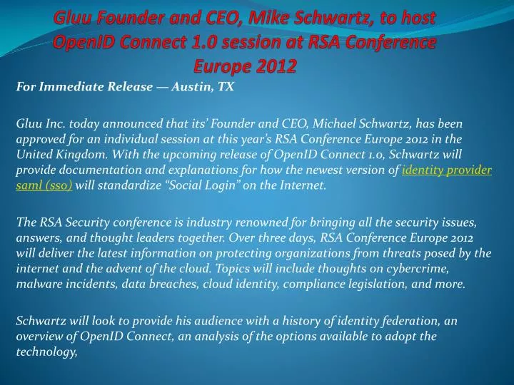 gluu founder and ceo mike schwartz to host openid connect 1 0 session at rsa conference europe 2012