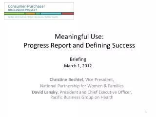 Meaningful Use: Progress Report and Defining Success