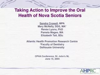 Taking Action to Improve the Oral Health of Nova Scotia Seniors