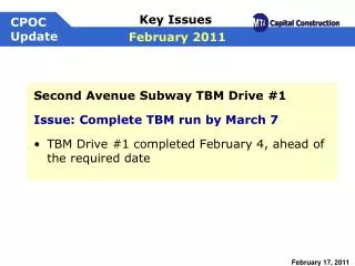 Second Avenue Subway TBM Drive #1 Issue: Complete TBM run by March 7