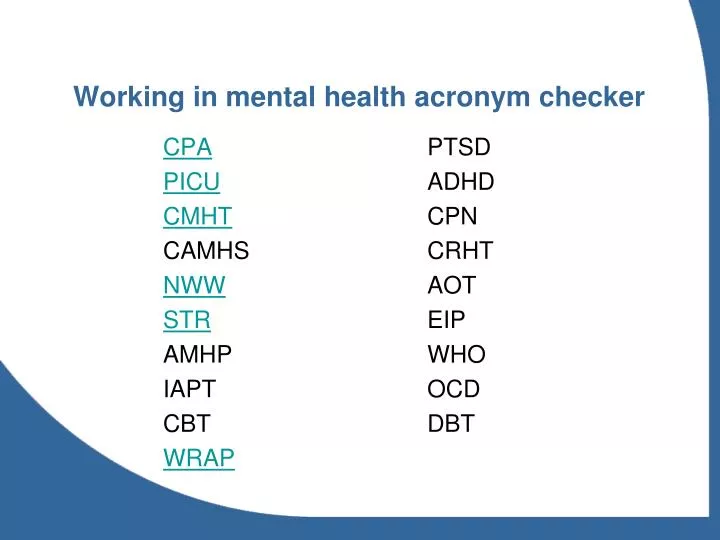 working in mental health acronym checker